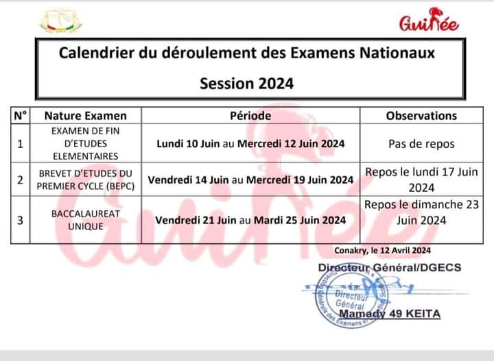 Guinée Voici le calendrier des examens nationaux session 2024